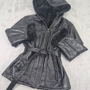 Wilsons Leather Black Hooded Faux Fur Fully Lined Belted Jacket Womens M Warm